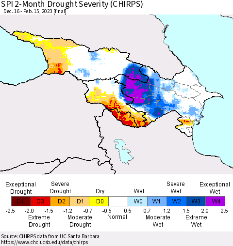 Azerbaijan, Armenia and Georgia SPI 2-Month Drought Severity (CHIRPS) Thematic Map For 12/16/2022 - 2/15/2023