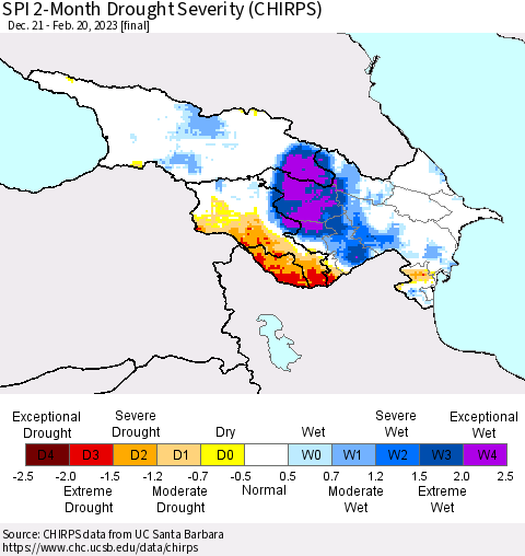 Azerbaijan, Armenia and Georgia SPI 2-Month Drought Severity (CHIRPS) Thematic Map For 12/21/2022 - 2/20/2023