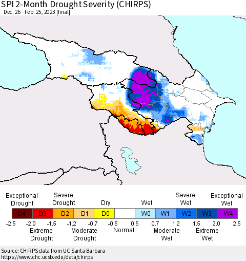 Azerbaijan, Armenia and Georgia SPI 2-Month Drought Severity (CHIRPS) Thematic Map For 12/26/2022 - 2/25/2023