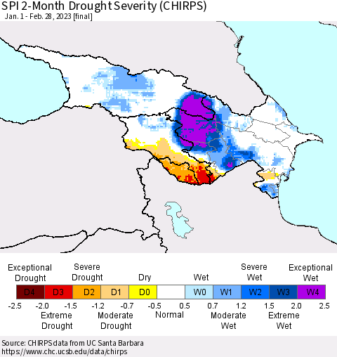 Azerbaijan, Armenia and Georgia SPI 2-Month Drought Severity (CHIRPS) Thematic Map For 1/1/2023 - 2/28/2023