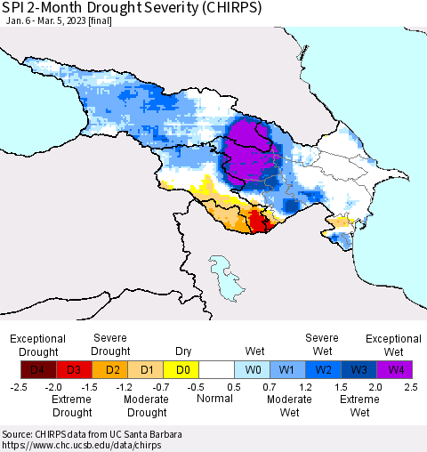 Azerbaijan, Armenia and Georgia SPI 2-Month Drought Severity (CHIRPS) Thematic Map For 1/6/2023 - 3/5/2023