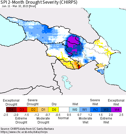 Azerbaijan, Armenia and Georgia SPI 2-Month Drought Severity (CHIRPS) Thematic Map For 1/11/2023 - 3/10/2023