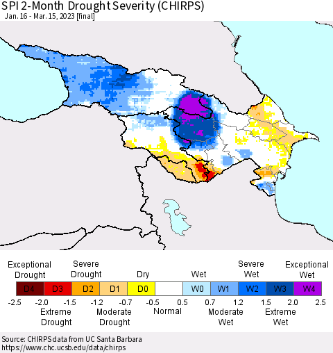 Azerbaijan, Armenia and Georgia SPI 2-Month Drought Severity (CHIRPS) Thematic Map For 1/16/2023 - 3/15/2023