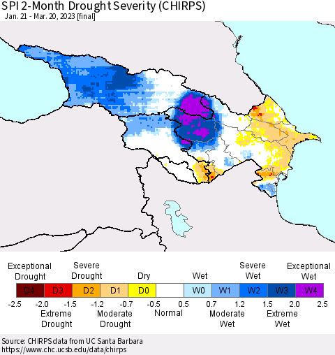 Azerbaijan, Armenia and Georgia SPI 2-Month Drought Severity (CHIRPS) Thematic Map For 1/21/2023 - 3/20/2023