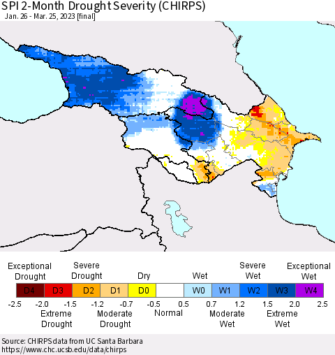 Azerbaijan, Armenia and Georgia SPI 2-Month Drought Severity (CHIRPS) Thematic Map For 1/26/2023 - 3/25/2023