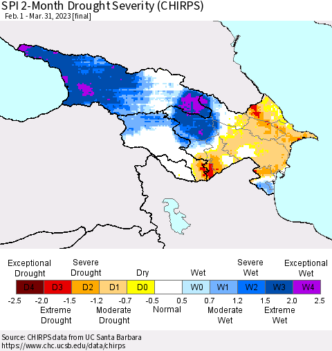 Azerbaijan, Armenia and Georgia SPI 2-Month Drought Severity (CHIRPS) Thematic Map For 2/1/2023 - 3/31/2023
