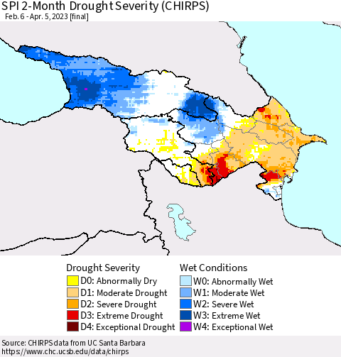 Azerbaijan, Armenia and Georgia SPI 2-Month Drought Severity (CHIRPS) Thematic Map For 2/6/2023 - 4/5/2023