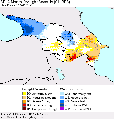 Azerbaijan, Armenia and Georgia SPI 2-Month Drought Severity (CHIRPS) Thematic Map For 2/11/2023 - 4/10/2023