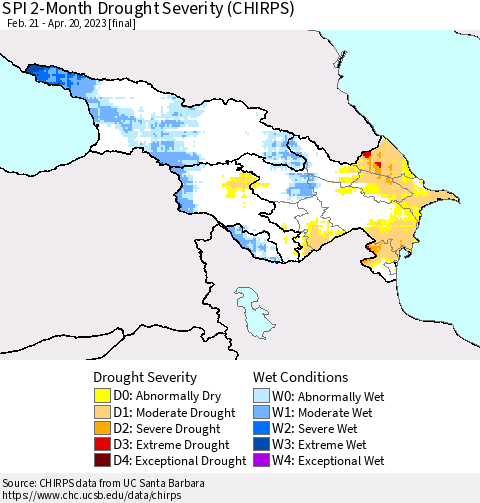 Azerbaijan, Armenia and Georgia SPI 2-Month Drought Severity (CHIRPS) Thematic Map For 2/21/2023 - 4/20/2023