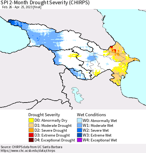 Azerbaijan, Armenia and Georgia SPI 2-Month Drought Severity (CHIRPS) Thematic Map For 2/26/2023 - 4/25/2023