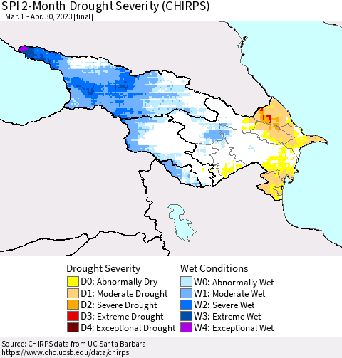Azerbaijan, Armenia and Georgia SPI 2-Month Drought Severity (CHIRPS) Thematic Map For 3/1/2023 - 4/30/2023