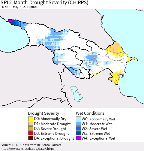 Azerbaijan, Armenia and Georgia SPI 2-Month Drought Severity (CHIRPS) Thematic Map For 3/6/2023 - 5/5/2023