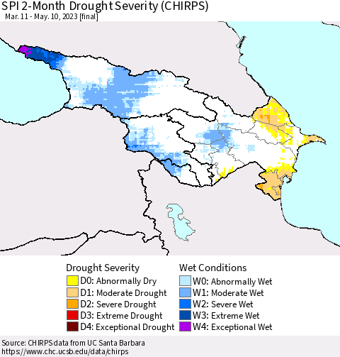 Azerbaijan, Armenia and Georgia SPI 2-Month Drought Severity (CHIRPS) Thematic Map For 3/11/2023 - 5/10/2023