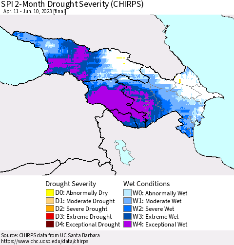 Azerbaijan, Armenia and Georgia SPI 2-Month Drought Severity (CHIRPS) Thematic Map For 4/11/2023 - 6/10/2023