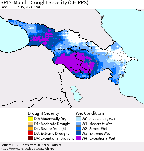 Azerbaijan, Armenia and Georgia SPI 2-Month Drought Severity (CHIRPS) Thematic Map For 4/16/2023 - 6/15/2023