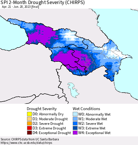 Azerbaijan, Armenia and Georgia SPI 2-Month Drought Severity (CHIRPS) Thematic Map For 4/21/2023 - 6/20/2023