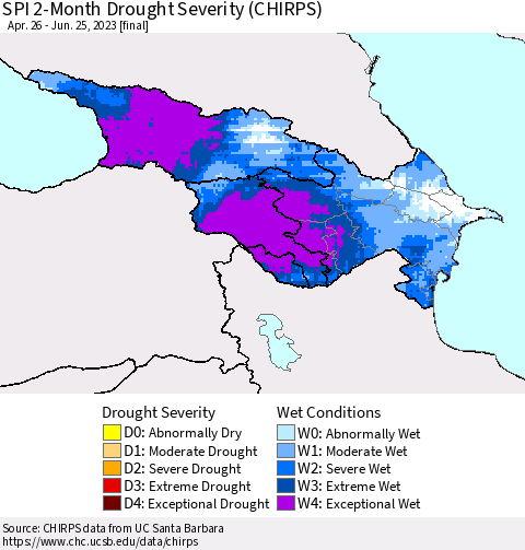 Azerbaijan, Armenia and Georgia SPI 2-Month Drought Severity (CHIRPS) Thematic Map For 4/26/2023 - 6/25/2023