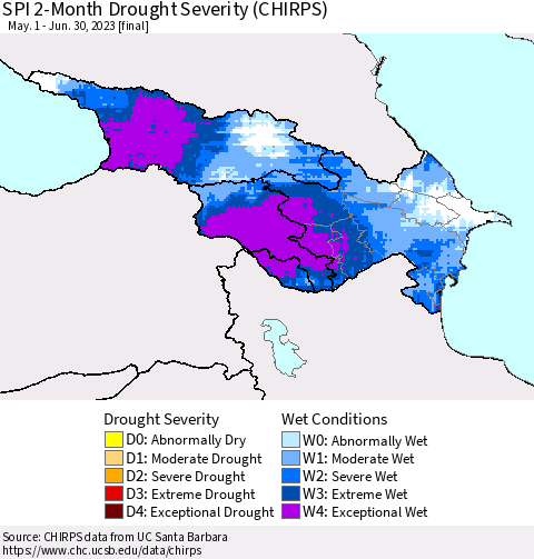 Azerbaijan, Armenia and Georgia SPI 2-Month Drought Severity (CHIRPS) Thematic Map For 5/1/2023 - 6/30/2023