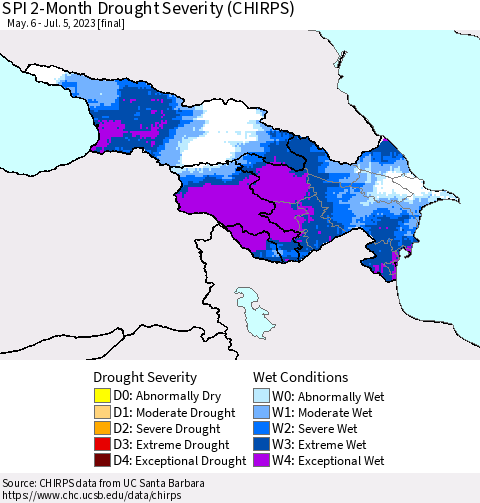 Azerbaijan, Armenia and Georgia SPI 2-Month Drought Severity (CHIRPS) Thematic Map For 5/6/2023 - 7/5/2023