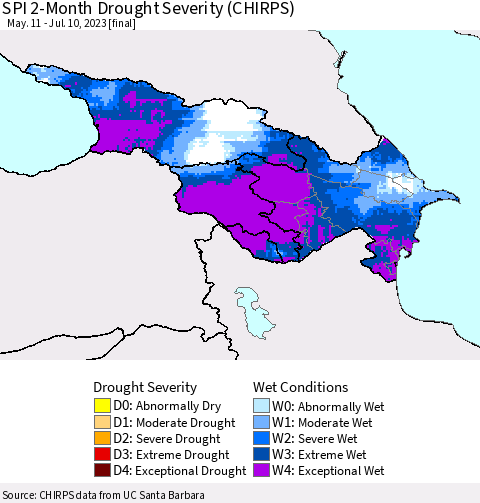 Azerbaijan, Armenia and Georgia SPI 2-Month Drought Severity (CHIRPS) Thematic Map For 5/11/2023 - 7/10/2023
