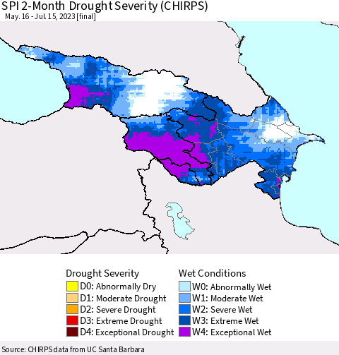 Azerbaijan, Armenia and Georgia SPI 2-Month Drought Severity (CHIRPS) Thematic Map For 5/16/2023 - 7/15/2023
