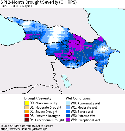 Azerbaijan, Armenia and Georgia SPI 2-Month Drought Severity (CHIRPS) Thematic Map For 6/1/2023 - 7/31/2023