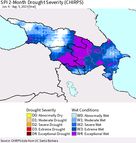 Azerbaijan, Armenia and Georgia SPI 2-Month Drought Severity (CHIRPS) Thematic Map For 6/6/2023 - 8/5/2023