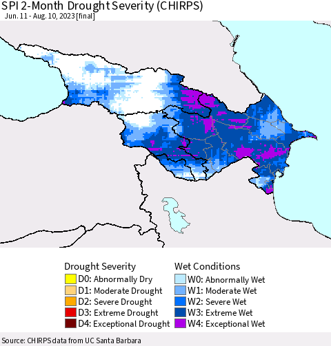 Azerbaijan, Armenia and Georgia SPI 2-Month Drought Severity (CHIRPS) Thematic Map For 6/11/2023 - 8/10/2023
