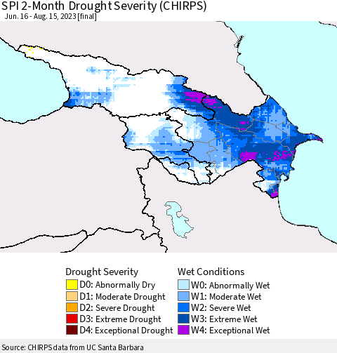 Azerbaijan, Armenia and Georgia SPI 2-Month Drought Severity (CHIRPS) Thematic Map For 6/16/2023 - 8/15/2023