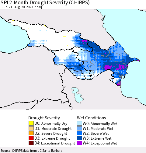 Azerbaijan, Armenia and Georgia SPI 2-Month Drought Severity (CHIRPS) Thematic Map For 6/21/2023 - 8/20/2023