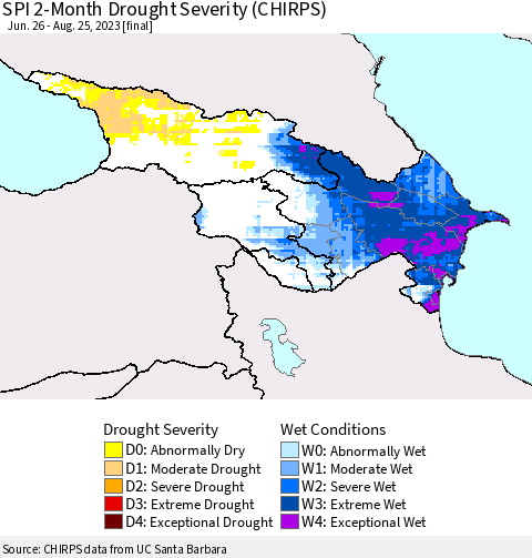 Azerbaijan, Armenia and Georgia SPI 2-Month Drought Severity (CHIRPS) Thematic Map For 6/26/2023 - 8/25/2023