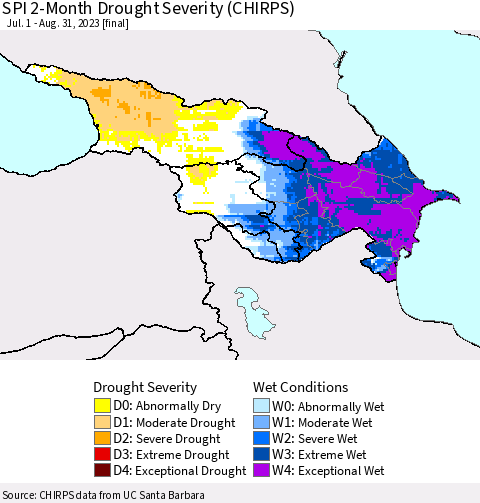 Azerbaijan, Armenia and Georgia SPI 2-Month Drought Severity (CHIRPS) Thematic Map For 7/1/2023 - 8/31/2023
