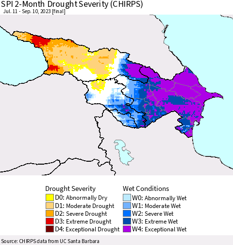 Azerbaijan, Armenia and Georgia SPI 2-Month Drought Severity (CHIRPS) Thematic Map For 7/11/2023 - 9/10/2023