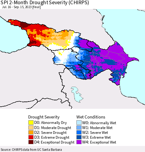 Azerbaijan, Armenia and Georgia SPI 2-Month Drought Severity (CHIRPS) Thematic Map For 7/16/2023 - 9/15/2023