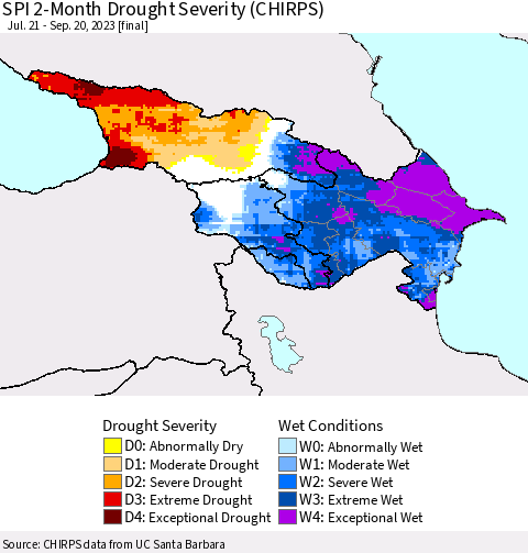 Azerbaijan, Armenia and Georgia SPI 2-Month Drought Severity (CHIRPS) Thematic Map For 7/21/2023 - 9/20/2023