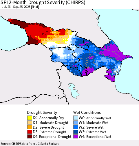 Azerbaijan, Armenia and Georgia SPI 2-Month Drought Severity (CHIRPS) Thematic Map For 7/26/2023 - 9/25/2023