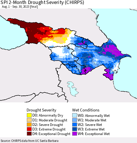 Azerbaijan, Armenia and Georgia SPI 2-Month Drought Severity (CHIRPS) Thematic Map For 8/1/2023 - 9/30/2023