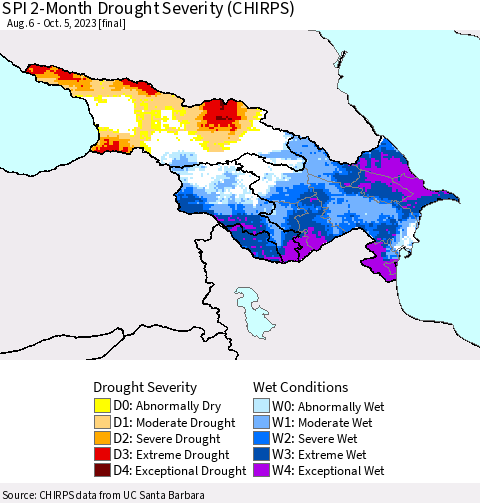 Azerbaijan, Armenia and Georgia SPI 2-Month Drought Severity (CHIRPS) Thematic Map For 8/6/2023 - 10/5/2023