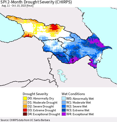 Azerbaijan, Armenia and Georgia SPI 2-Month Drought Severity (CHIRPS) Thematic Map For 8/11/2023 - 10/10/2023