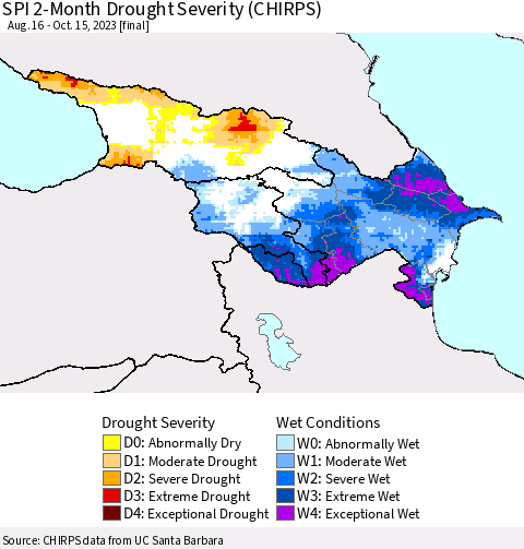Azerbaijan, Armenia and Georgia SPI 2-Month Drought Severity (CHIRPS) Thematic Map For 8/16/2023 - 10/15/2023