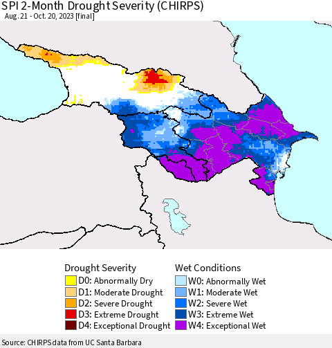 Azerbaijan, Armenia and Georgia SPI 2-Month Drought Severity (CHIRPS) Thematic Map For 8/21/2023 - 10/20/2023