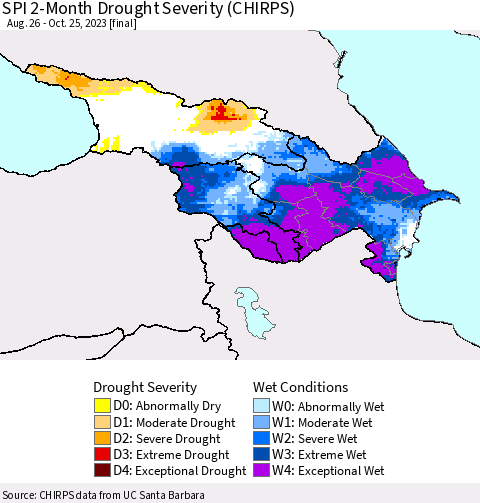 Azerbaijan, Armenia and Georgia SPI 2-Month Drought Severity (CHIRPS) Thematic Map For 8/26/2023 - 10/25/2023