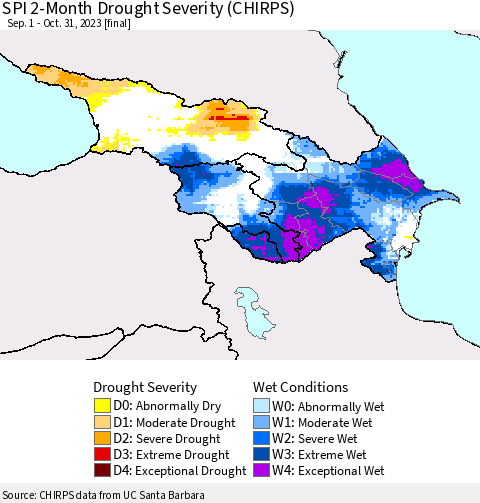 Azerbaijan, Armenia and Georgia SPI 2-Month Drought Severity (CHIRPS) Thematic Map For 9/1/2023 - 10/31/2023