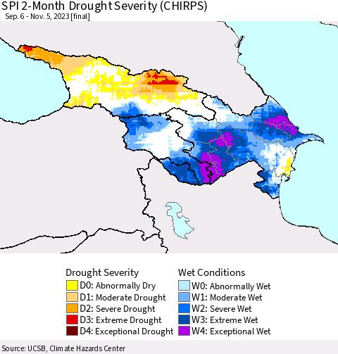 Azerbaijan, Armenia and Georgia SPI 2-Month Drought Severity (CHIRPS) Thematic Map For 9/6/2023 - 11/5/2023