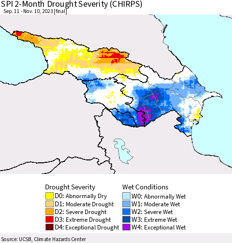 Azerbaijan, Armenia and Georgia SPI 2-Month Drought Severity (CHIRPS) Thematic Map For 9/11/2023 - 11/10/2023