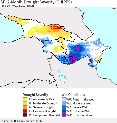 Azerbaijan, Armenia and Georgia SPI 2-Month Drought Severity (CHIRPS) Thematic Map For 9/16/2023 - 11/15/2023
