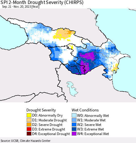 Azerbaijan, Armenia and Georgia SPI 2-Month Drought Severity (CHIRPS) Thematic Map For 9/21/2023 - 11/20/2023