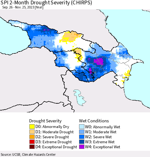 Azerbaijan, Armenia and Georgia SPI 2-Month Drought Severity (CHIRPS) Thematic Map For 9/26/2023 - 11/25/2023
