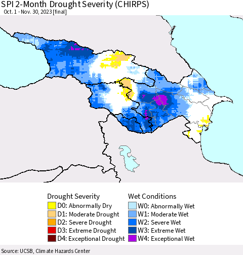 Azerbaijan, Armenia and Georgia SPI 2-Month Drought Severity (CHIRPS) Thematic Map For 10/1/2023 - 11/30/2023