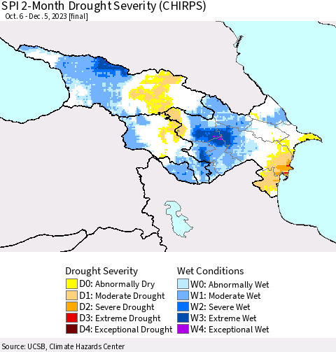 Azerbaijan, Armenia and Georgia SPI 2-Month Drought Severity (CHIRPS) Thematic Map For 10/6/2023 - 12/5/2023